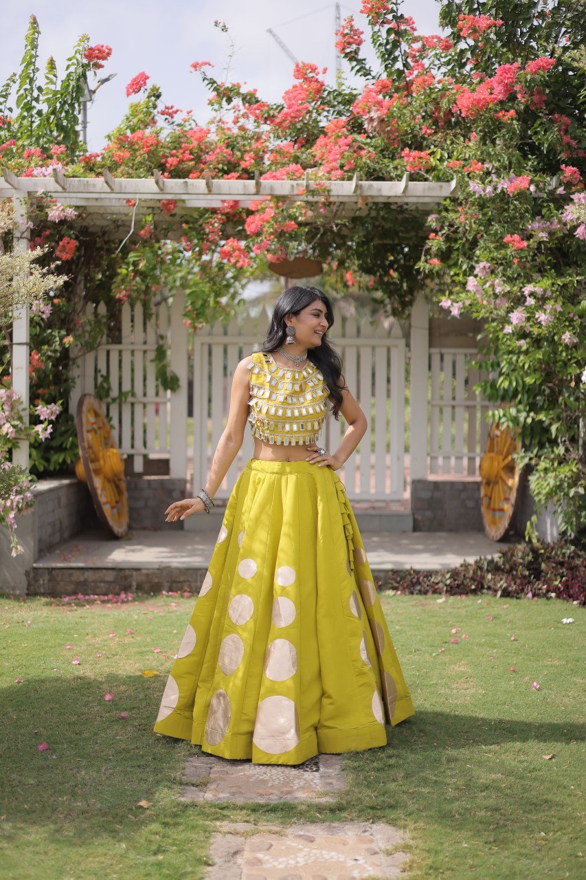 Women’s Navratri Roman Silk Lehenga Choli with Gota Patti & Mirror Lace Work