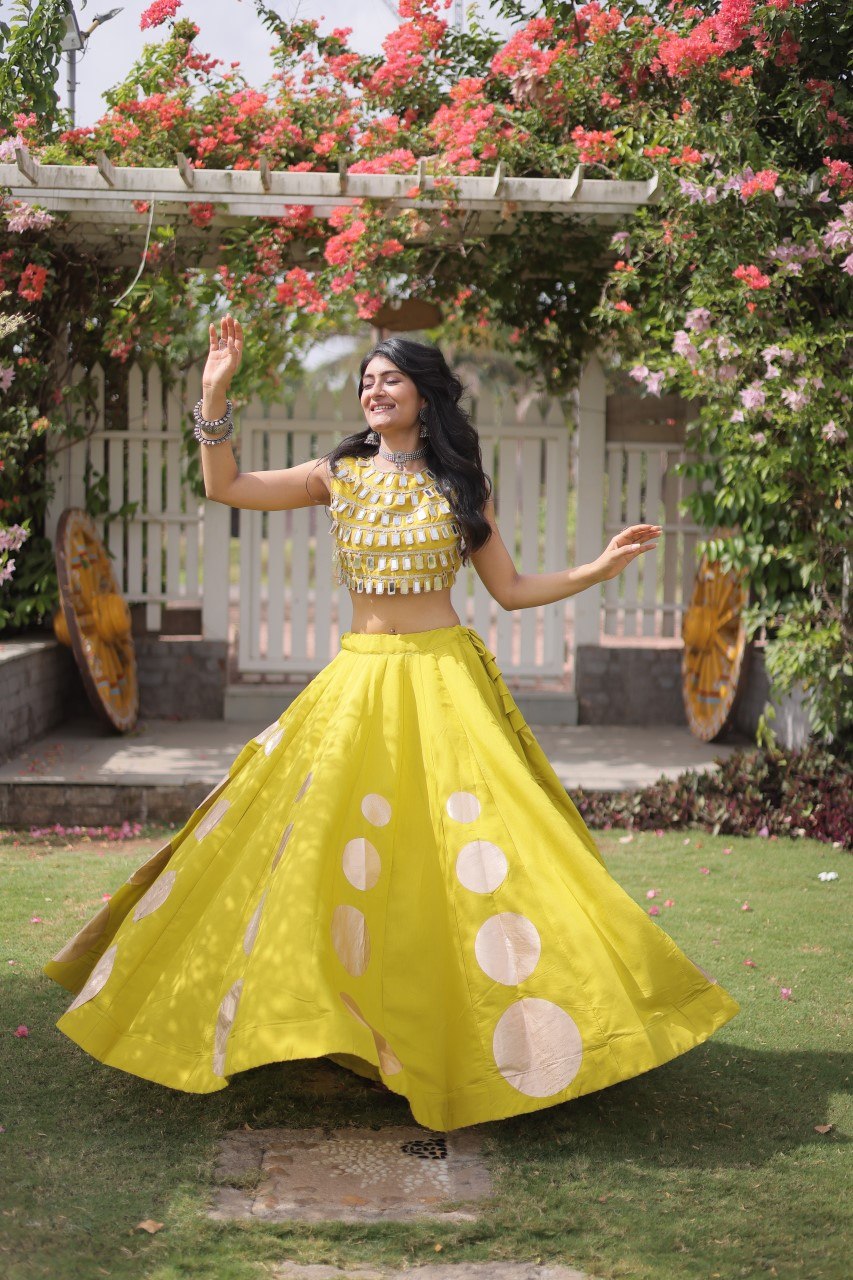 Women’s Navratri Roman Silk Lehenga Choli with Gota Patti & Mirror Lace Work