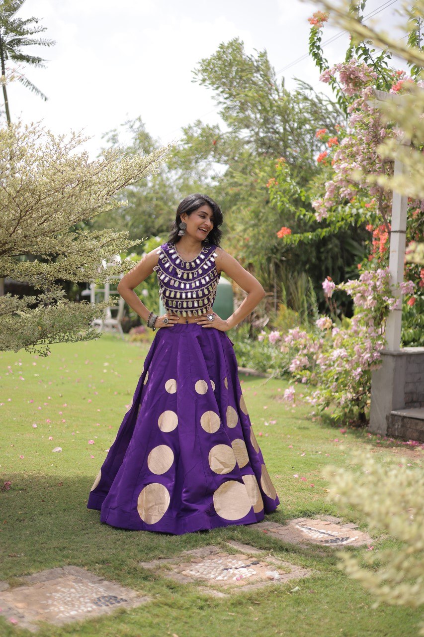 Women’s Navratri Roman Silk Lehenga Choli with Gota Patti & Mirror Lace Work