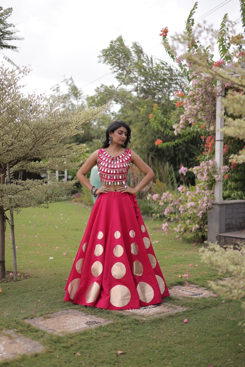 Women’s Navratri Roman Silk Lehenga Choli with Gota Patti & Mirror Lace Work
