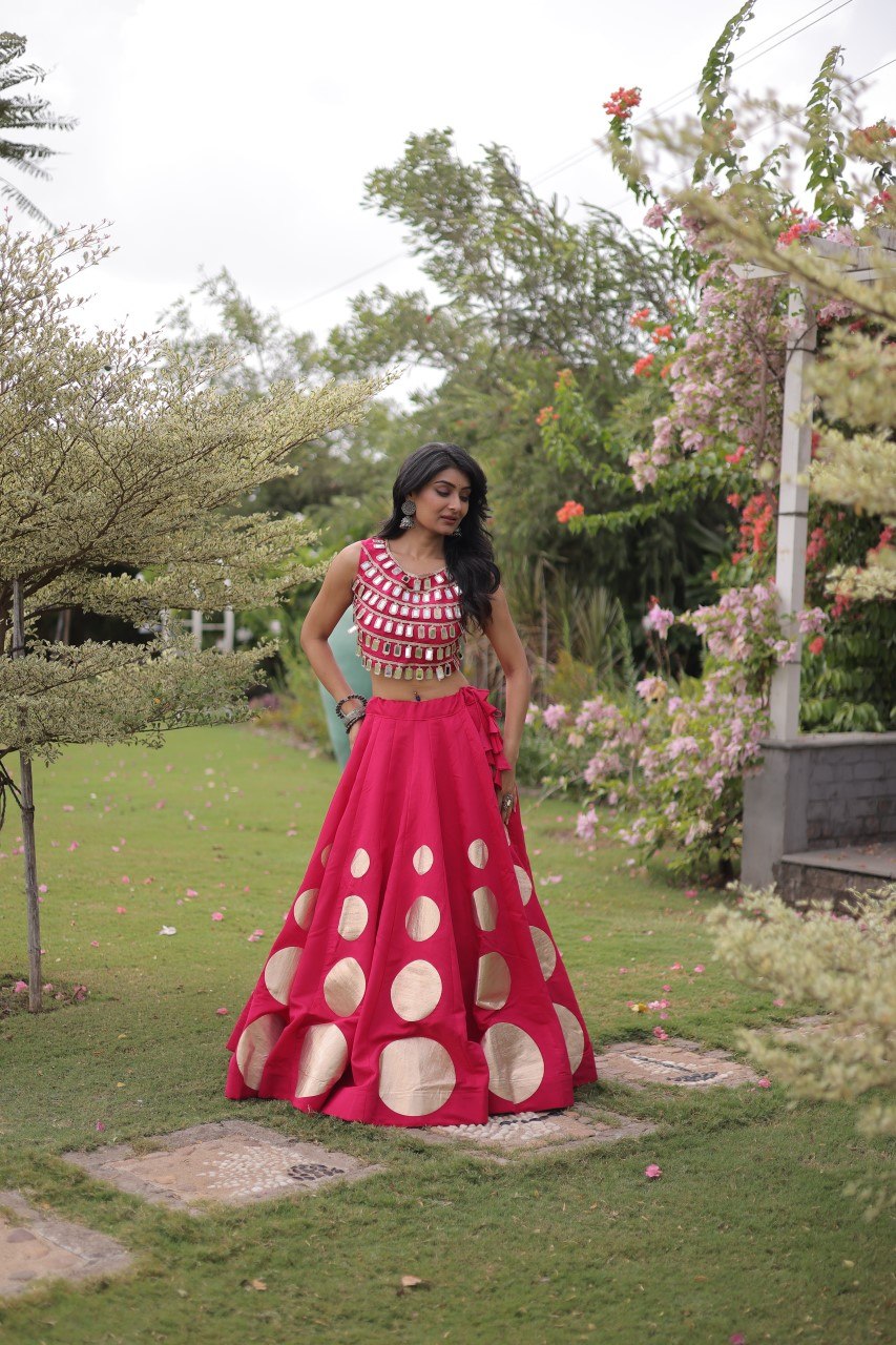 Women’s Navratri Roman Silk Lehenga Choli with Gota Patti & Mirror Lace Work