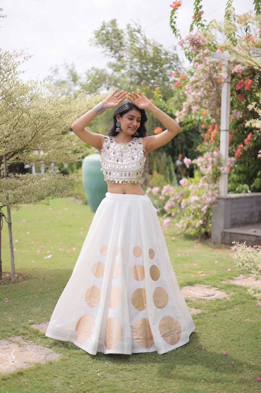 Women’s Navratri Roman Silk Lehenga Choli with Gota Patti & Mirror Lace Work