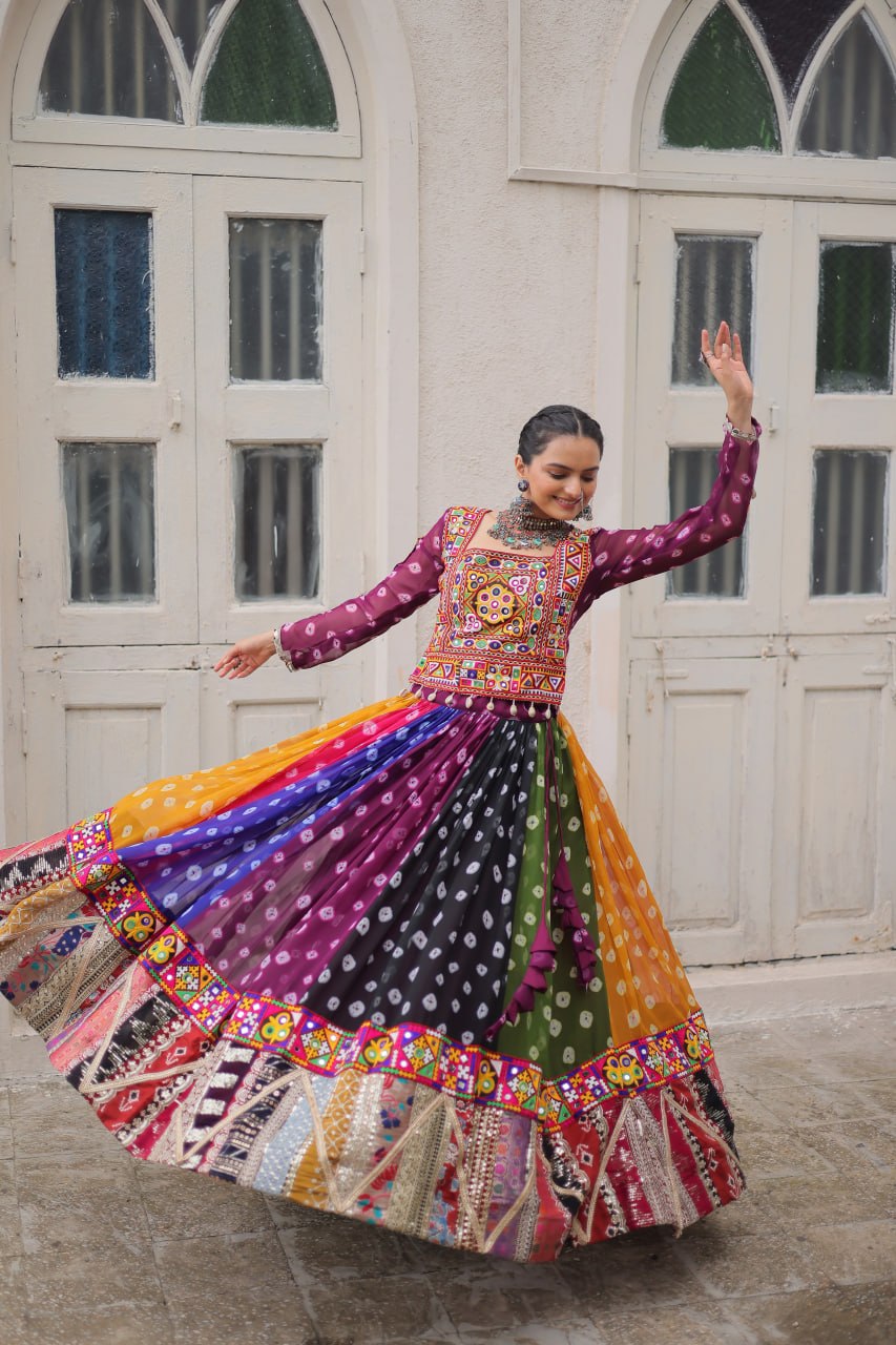 Women’s Georgette Lehenga Choli with Kutchi Gamthi Work & Vintage Print SurMira Fashion