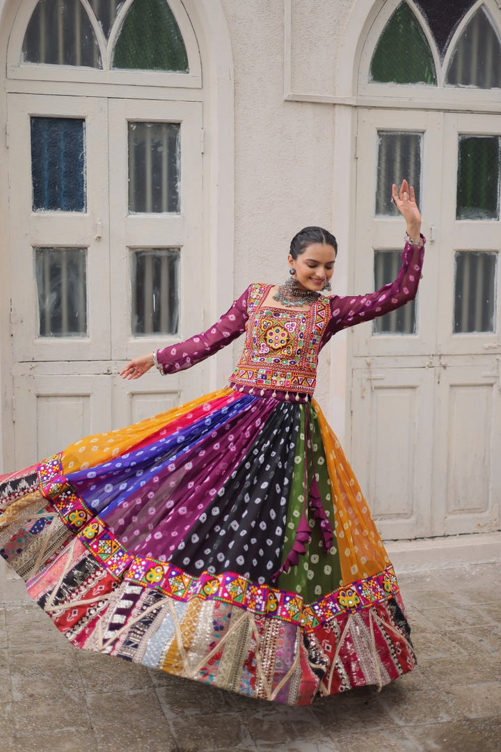 Women’s Georgette Lehenga Choli with Kutchi Gamthi Work & Vintage Print