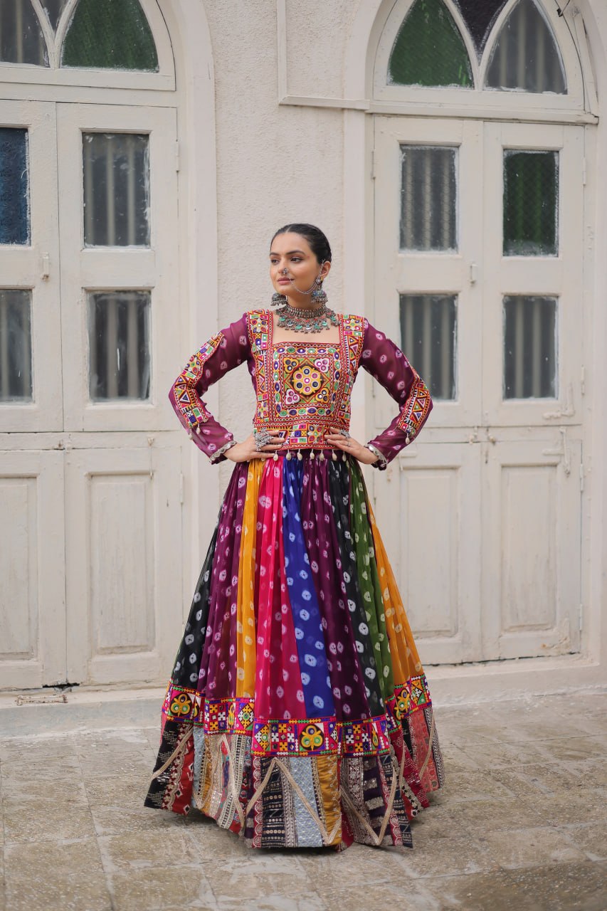 Women’s Georgette Lehenga Choli with Kutchi Gamthi Work & Vintage Print SurMira Fashion