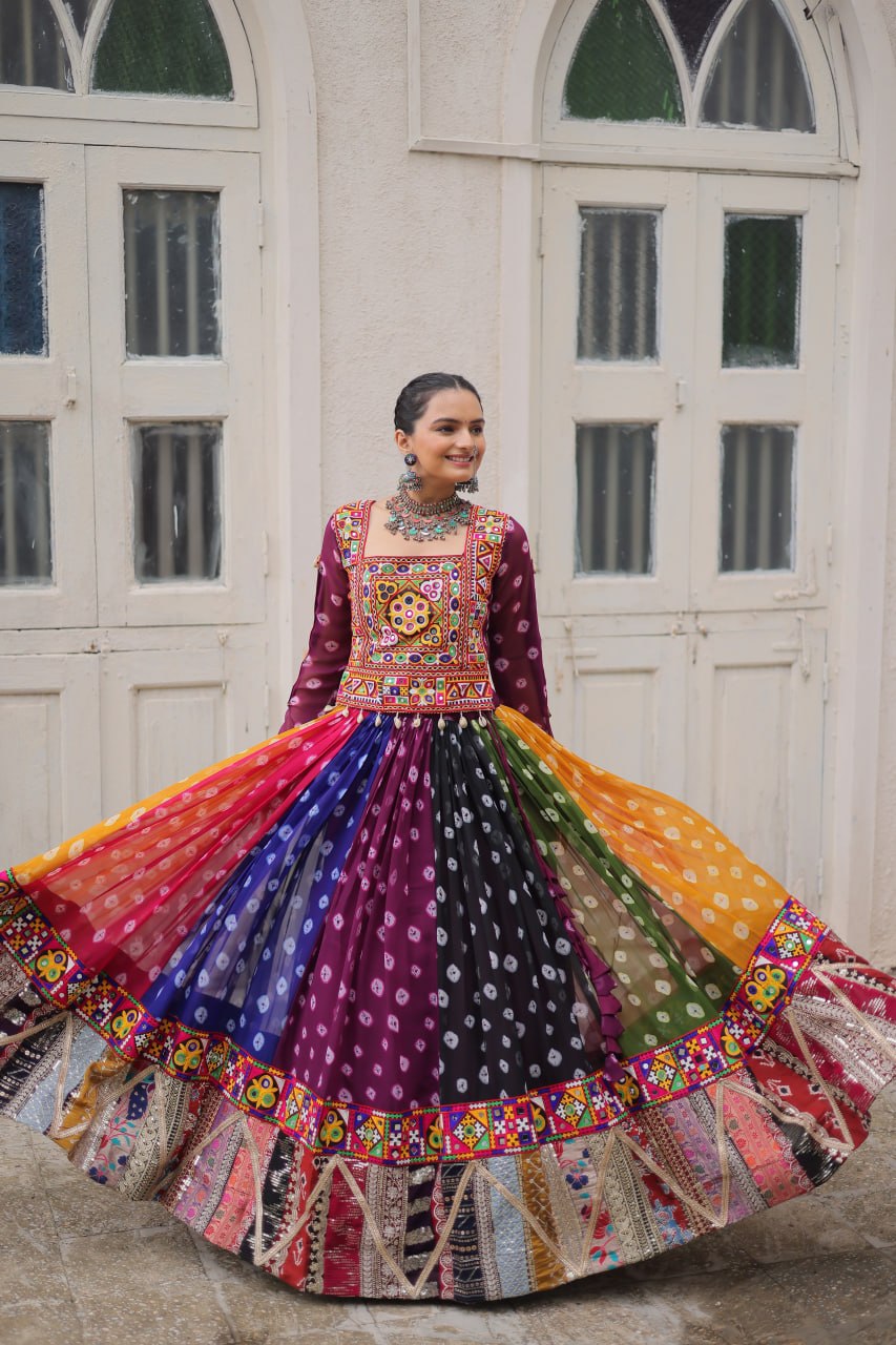 Women’s Georgette Lehenga Choli with Kutchi Gamthi Work & Vintage Print SurMira Fashion