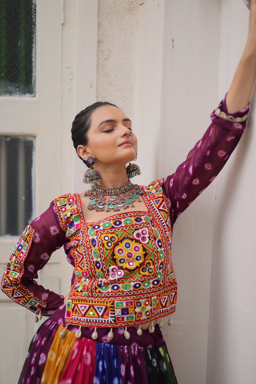 Women’s Georgette Lehenga Choli with Kutchi Gamthi Work & Vintage Print SurMira Fashion