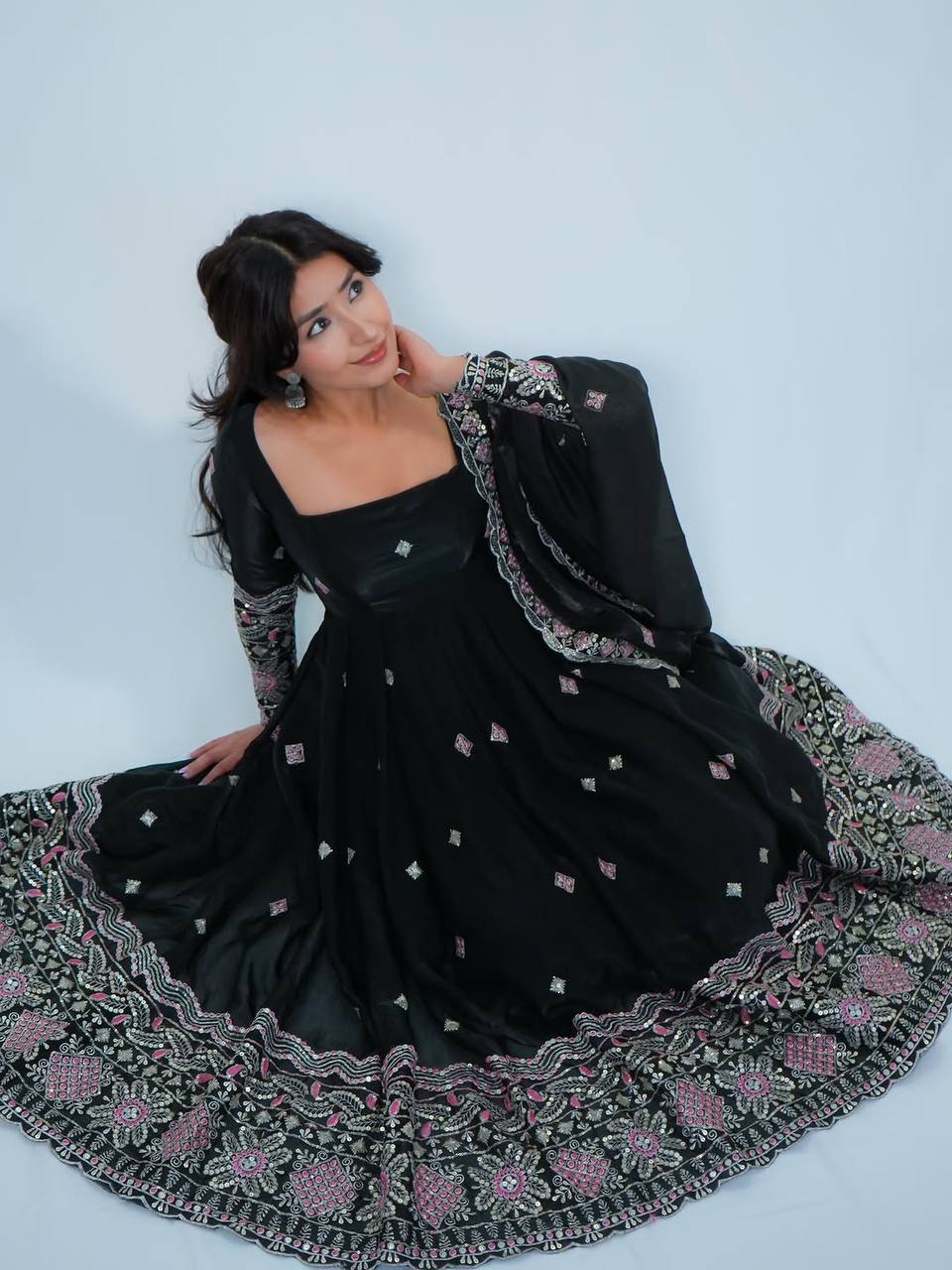 Women’s Fendy Silk Anarkali Suit Set with Thread & Sequence Embroidery SurMira Fashion