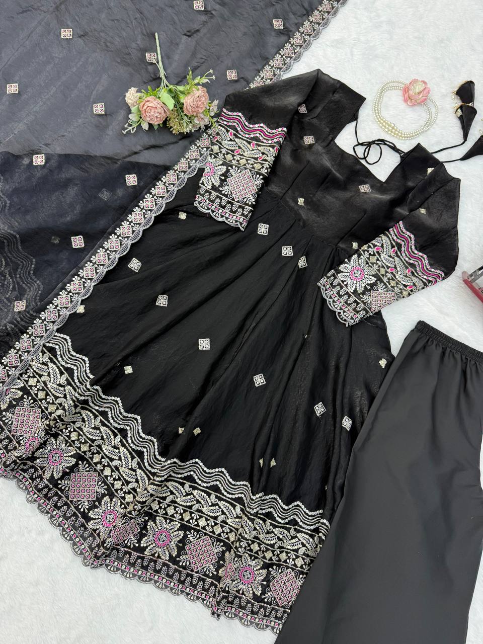 Women’s Fendy Silk Anarkali Suit Set with Thread & Sequence Embroidery SurMira Fashion