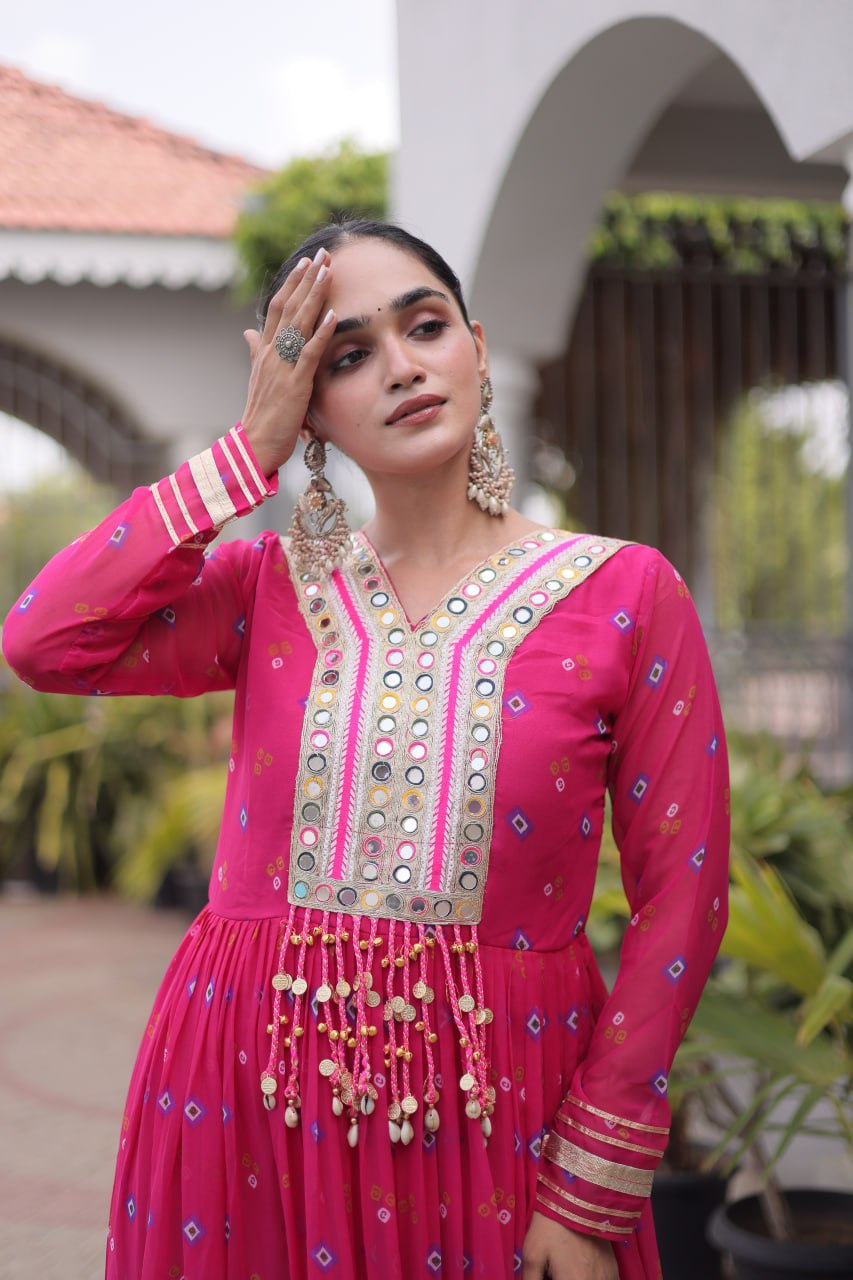 Premium Laheriya Print Gown with Kutchi Patchwork SurMira Fashion