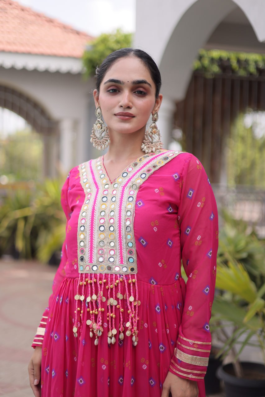 Premium Laheriya Print Gown with Kutchi Patchwork SurMira Fashion