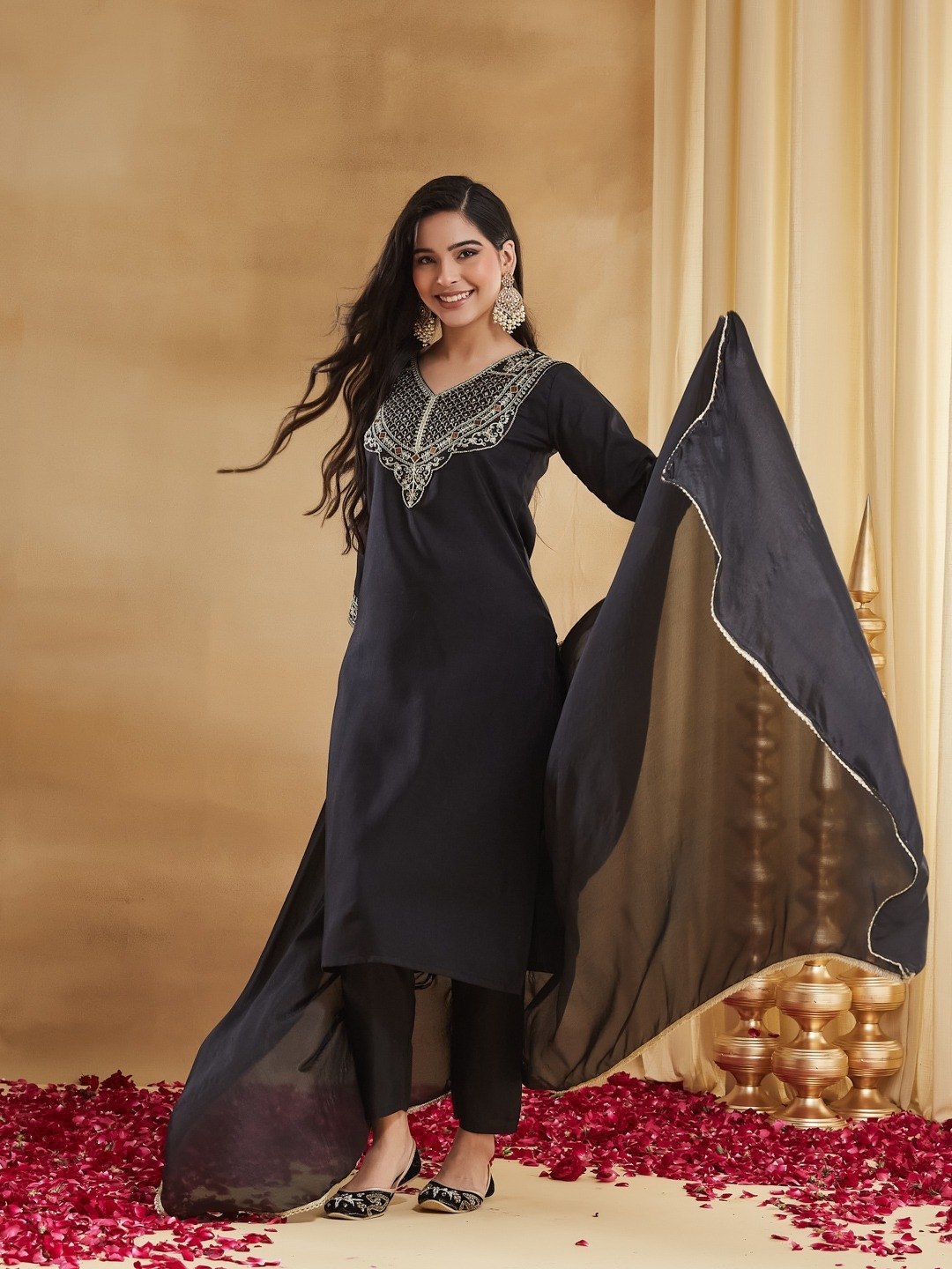 Women’s Pure Viscose Rayon Slub Kurti Pant Set with Sequence Cording Embroidery SurMira Fashion