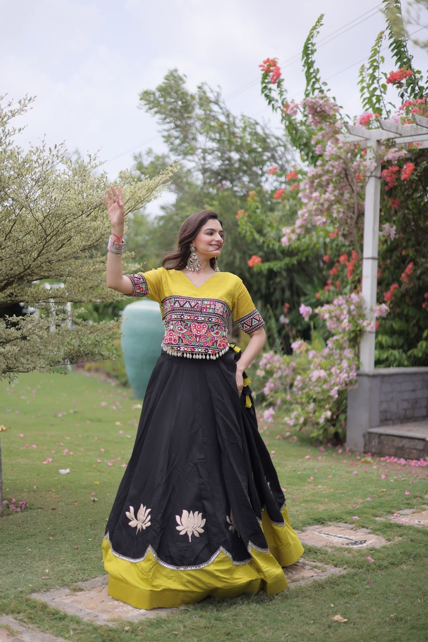 Premium Roman Silk Lehenga with Lotus Gota & Mirror Lace SurMira Fashion