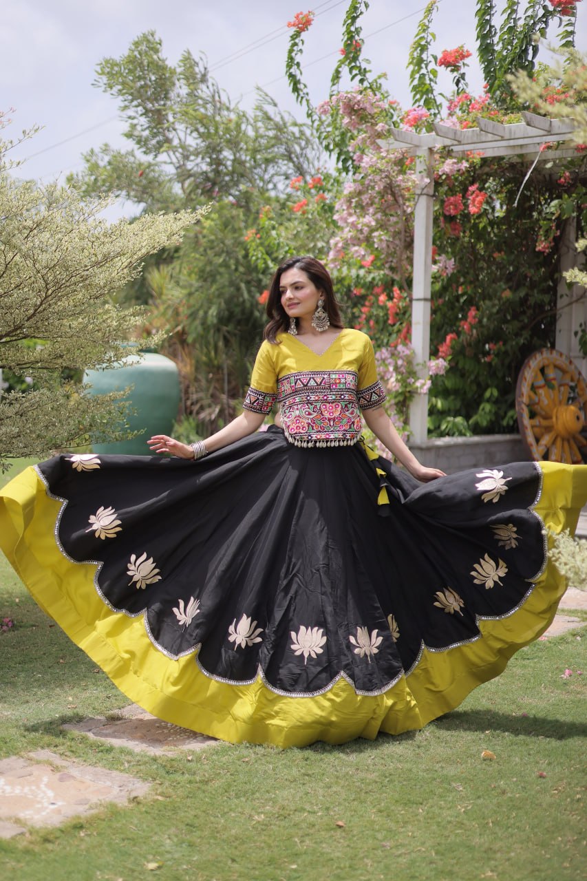 Premium Roman Silk Lehenga with Lotus Gota & Mirror Lace SurMira Fashion