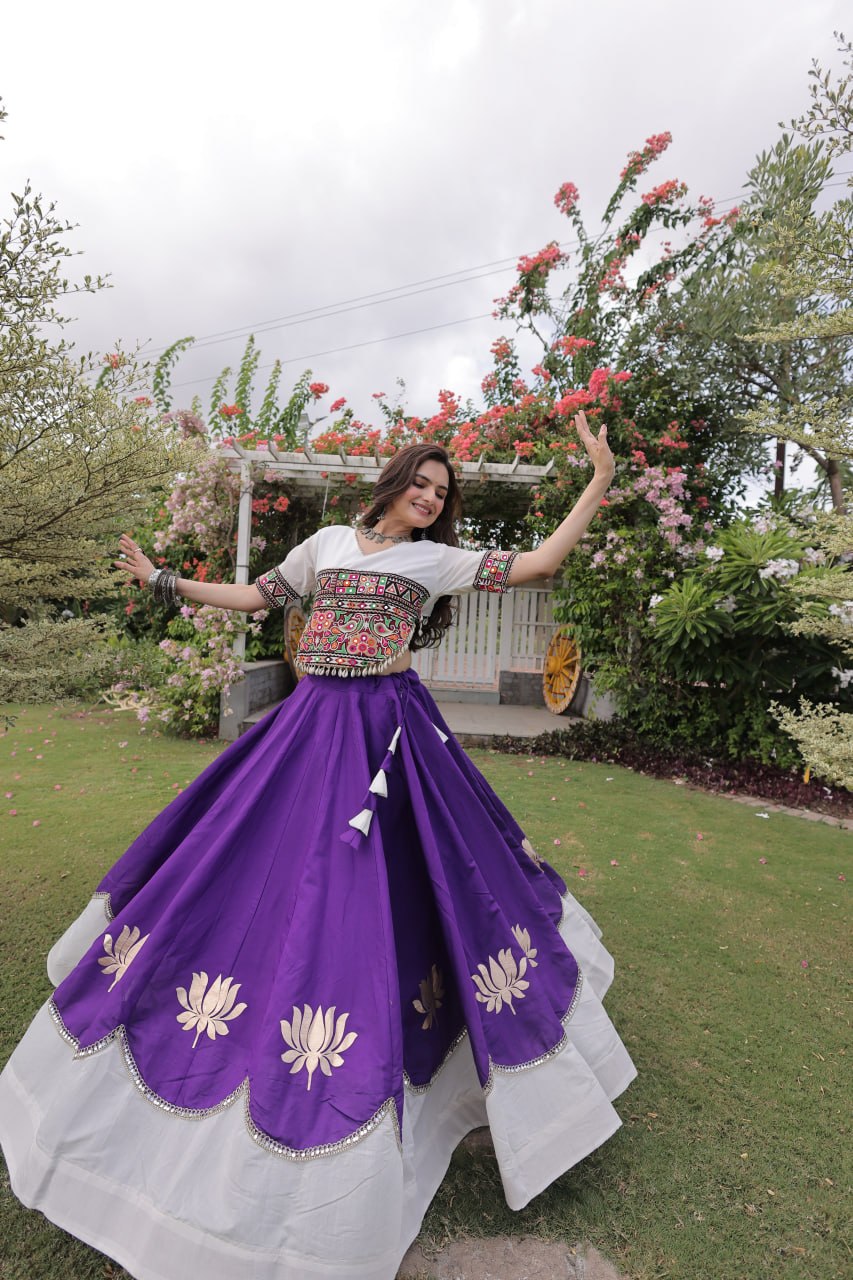 Women’s Roman Silk Lehenga Choli Set with Kutchi Gamthi Embroidery, Gota & Mirror Lace SurMira Fashion