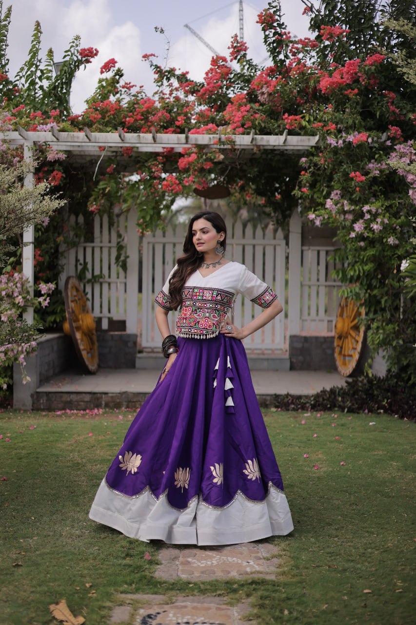 Women’s Roman Silk Lehenga Choli Set with Kutchi Gamthi Embroidery, Gota & Mirror Lace SurMira Fashion