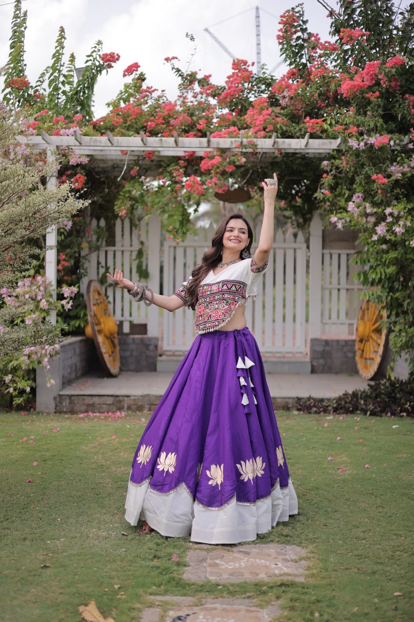 Women’s Roman Silk Lehenga Choli Set with Kutchi Gamthi Embroidery, Gota & Mirror Lace SurMira Fashion