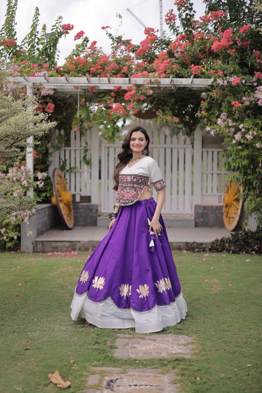 Women’s Roman Silk Lehenga Choli Set with Kutchi Gamthi Embroidery, Gota & Mirror Lace SurMira Fashion