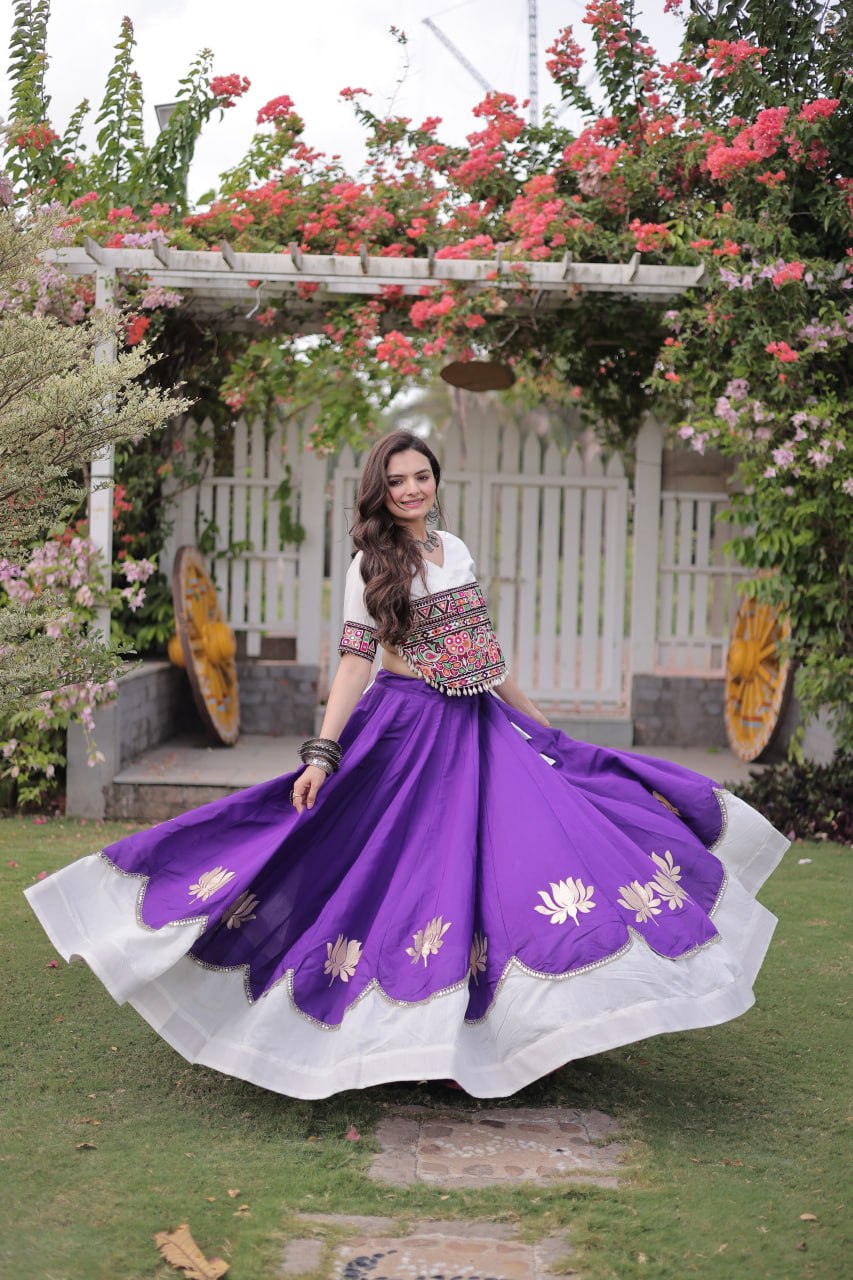 Women’s Roman Silk Lehenga Choli Set with Kutchi Gamthi Embroidery, Gota & Mirror Lace SurMira Fashion