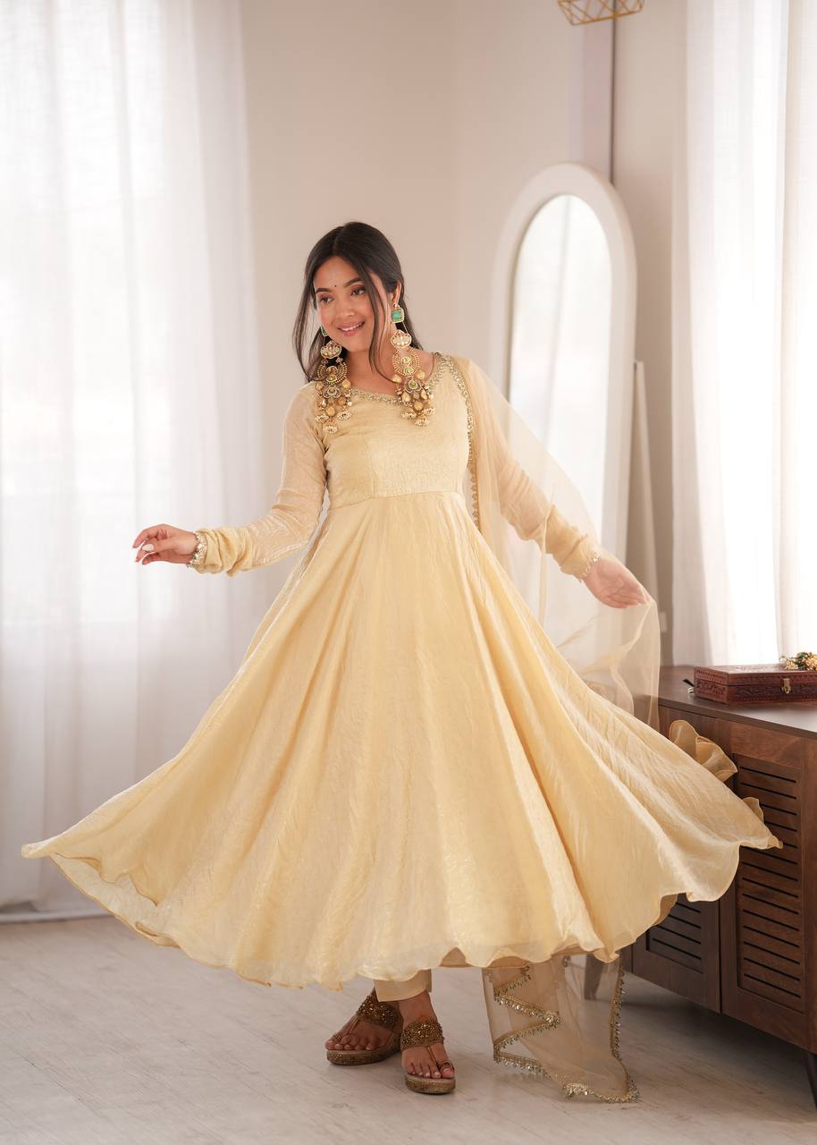 Women’s Doremon Crush Gown Set with Real Mirror Work Lace Border & Butterfly Net Dupatta SurMira Fashion