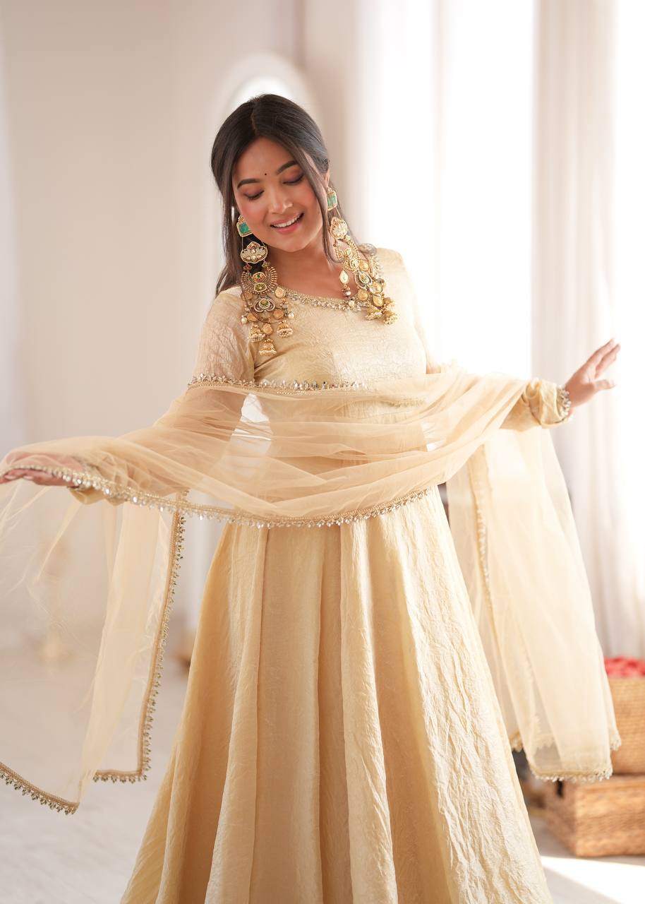 Women’s Doremon Crush Gown Set with Real Mirror Work Lace Border & Butterfly Net Dupatta SurMira Fashion