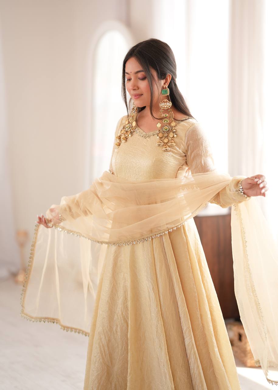 Women’s Doremon Crush Gown Set with Real Mirror Work Lace Border & Butterfly Net Dupatta SurMira Fashion