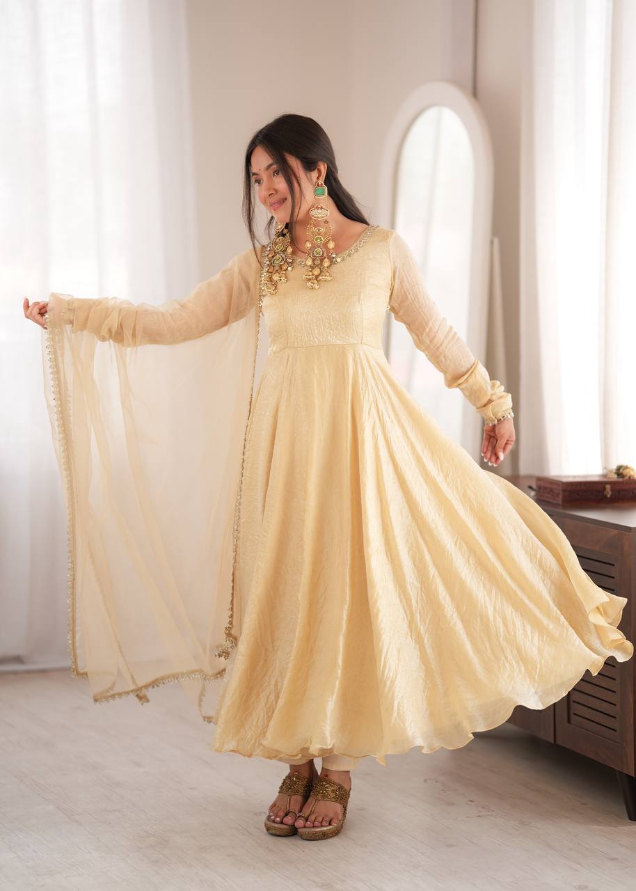 Women’s Doremon Crush Gown Set with Real Mirror Work Lace Border & Butterfly Net Dupatta SurMira Fashion