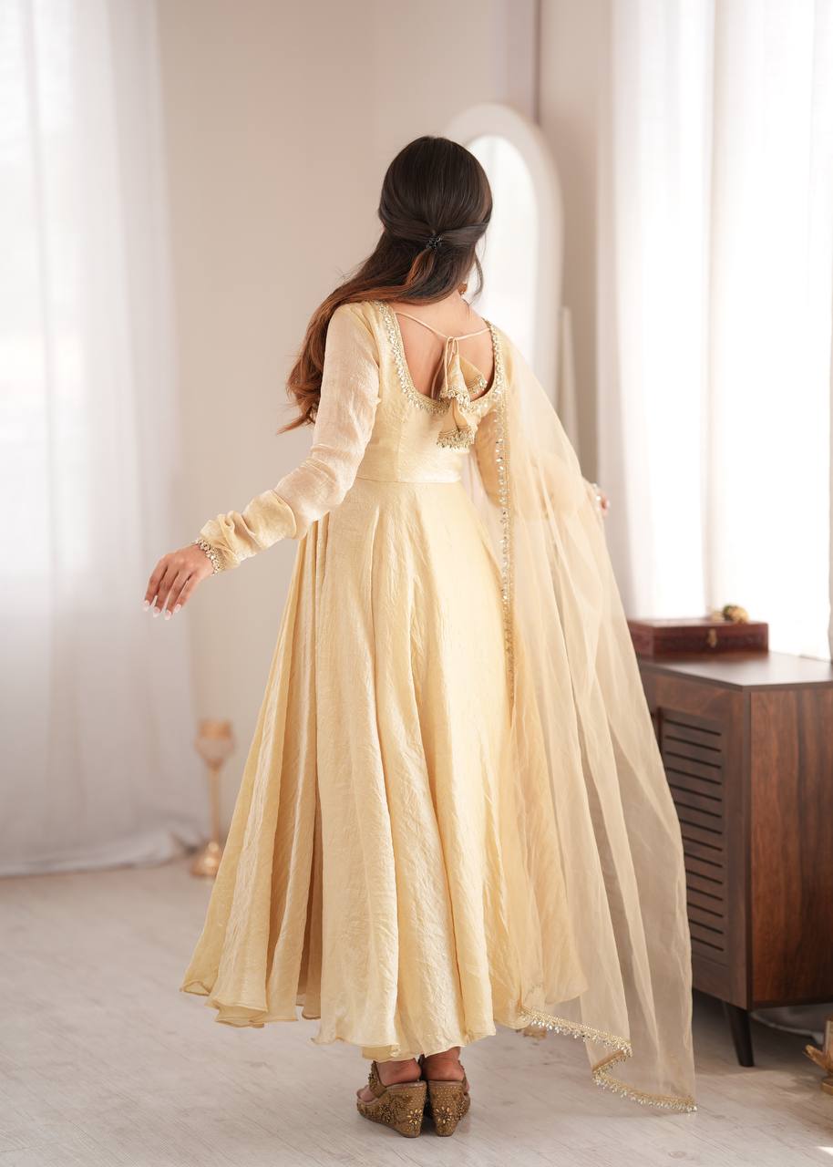 Women’s Doremon Crush Gown Set with Real Mirror Work Lace Border & Butterfly Net Dupatta SurMira Fashion