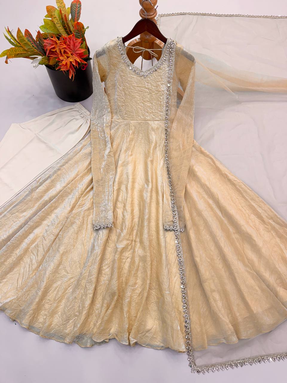 Women’s Doremon Crush Gown Set with Real Mirror Work Lace Border & Butterfly Net Dupatta SurMira Fashion