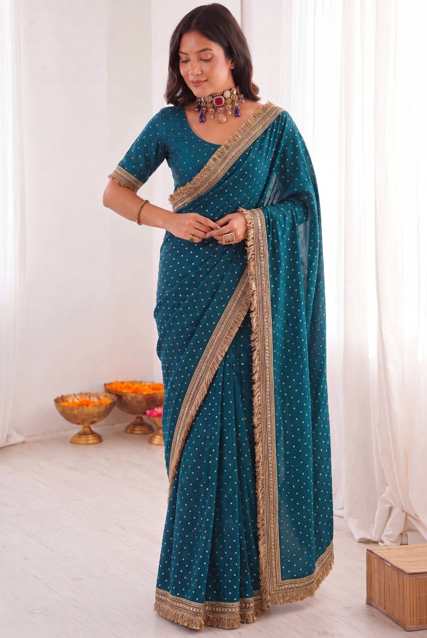 Women’s Two Tone Space Silk Saree with Embroidery Cording & Sequence Border SurMira Fashion