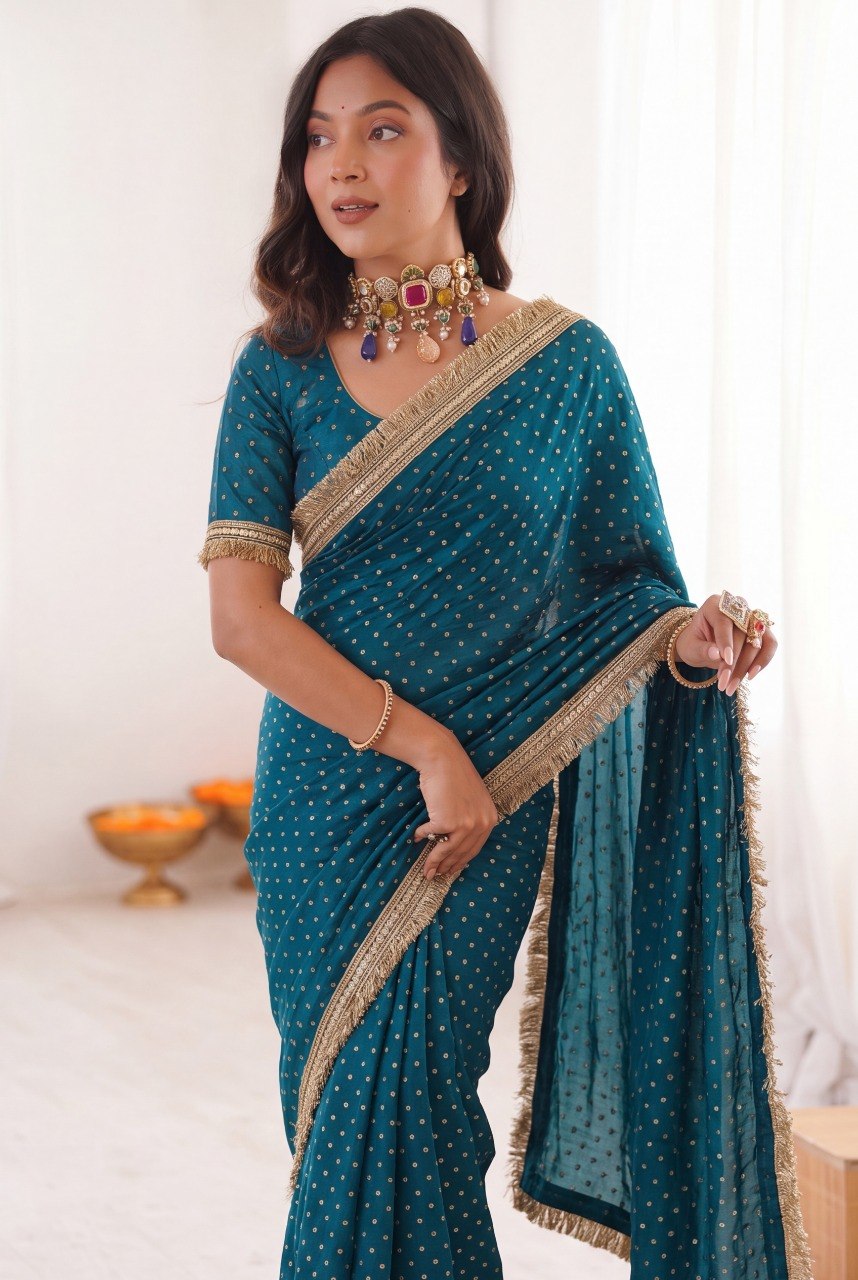 Women’s Two Tone Space Silk Saree with Embroidery Cording & Sequence Border SurMira Fashion