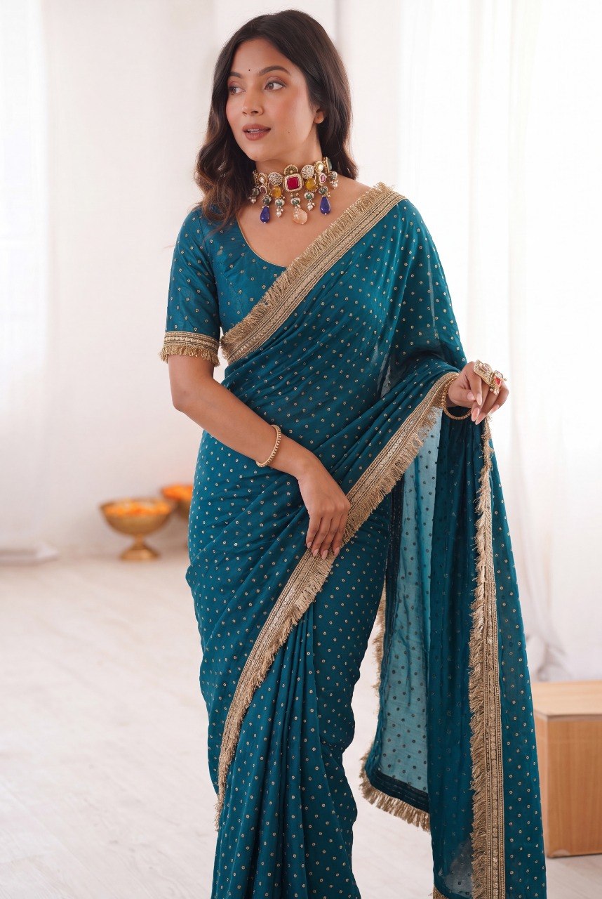 Women’s Two Tone Space Silk Saree with Embroidery Cording & Sequence Border SurMira Fashion