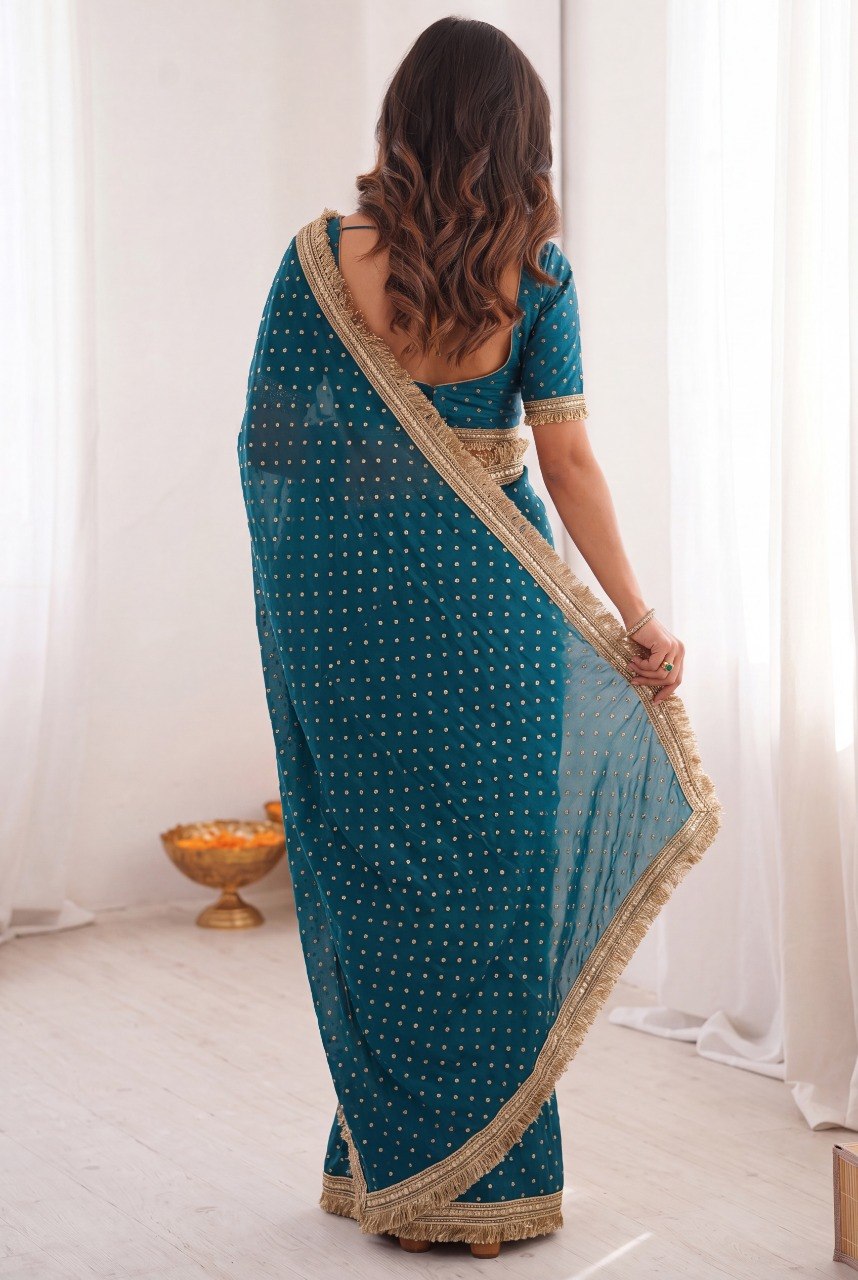 Women’s Two Tone Space Silk Saree with Embroidery Cording & Sequence Border SurMira Fashion
