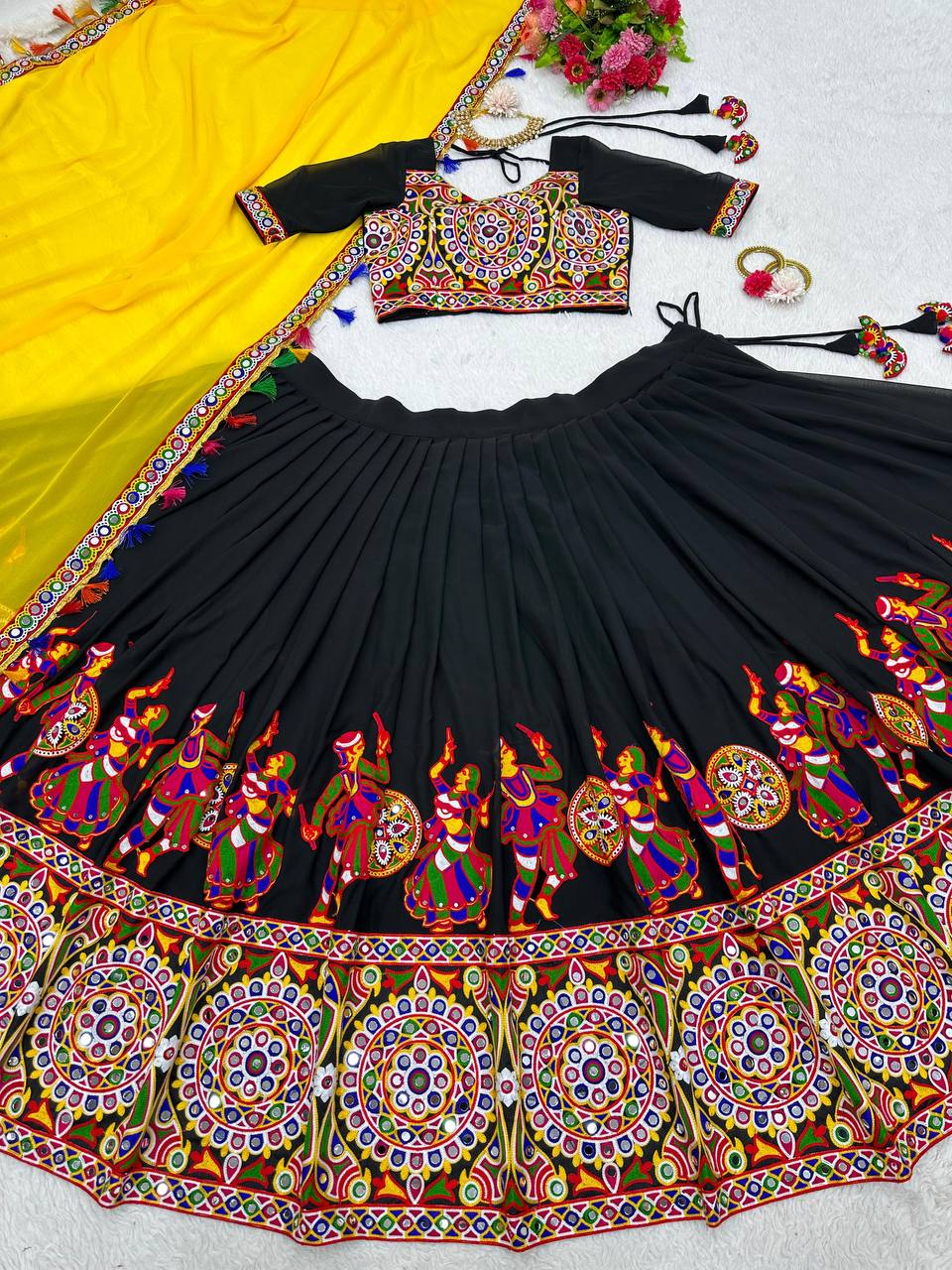 Women’s Faux Georgette Lehenga Choli with Original Mirror & Chain Stitch Work SurMira Fashion