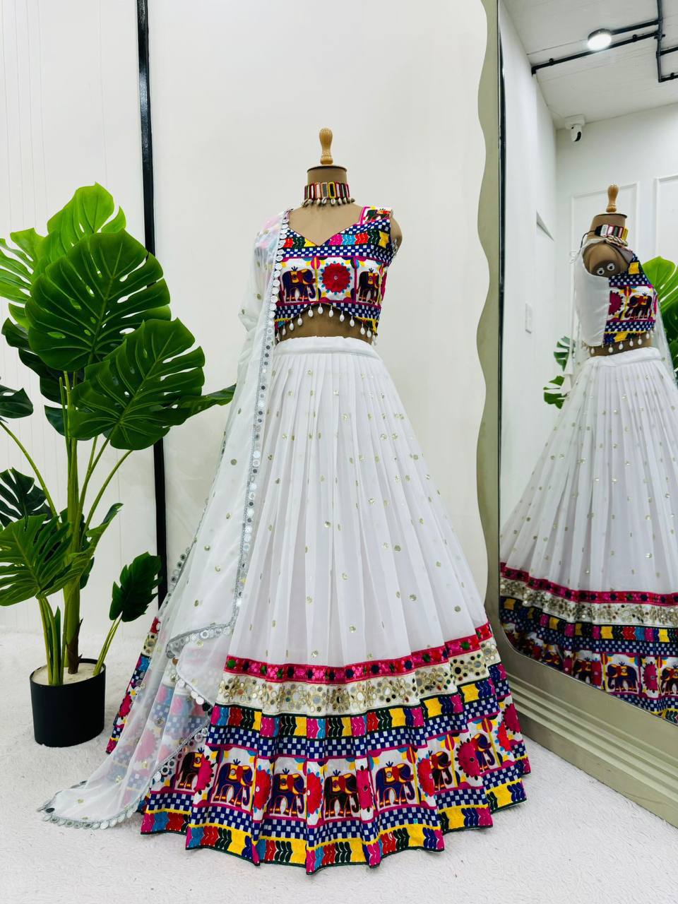 Women’s Faux Georgette Lehenga Choli with Real Mirror, Chain Stitch & Sequence Work SurMira Fashion