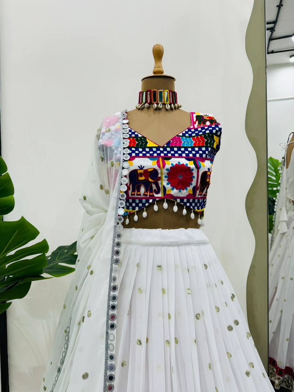 Women’s Faux Georgette Lehenga Choli with Real Mirror, Chain Stitch & Sequence Work SurMira Fashion