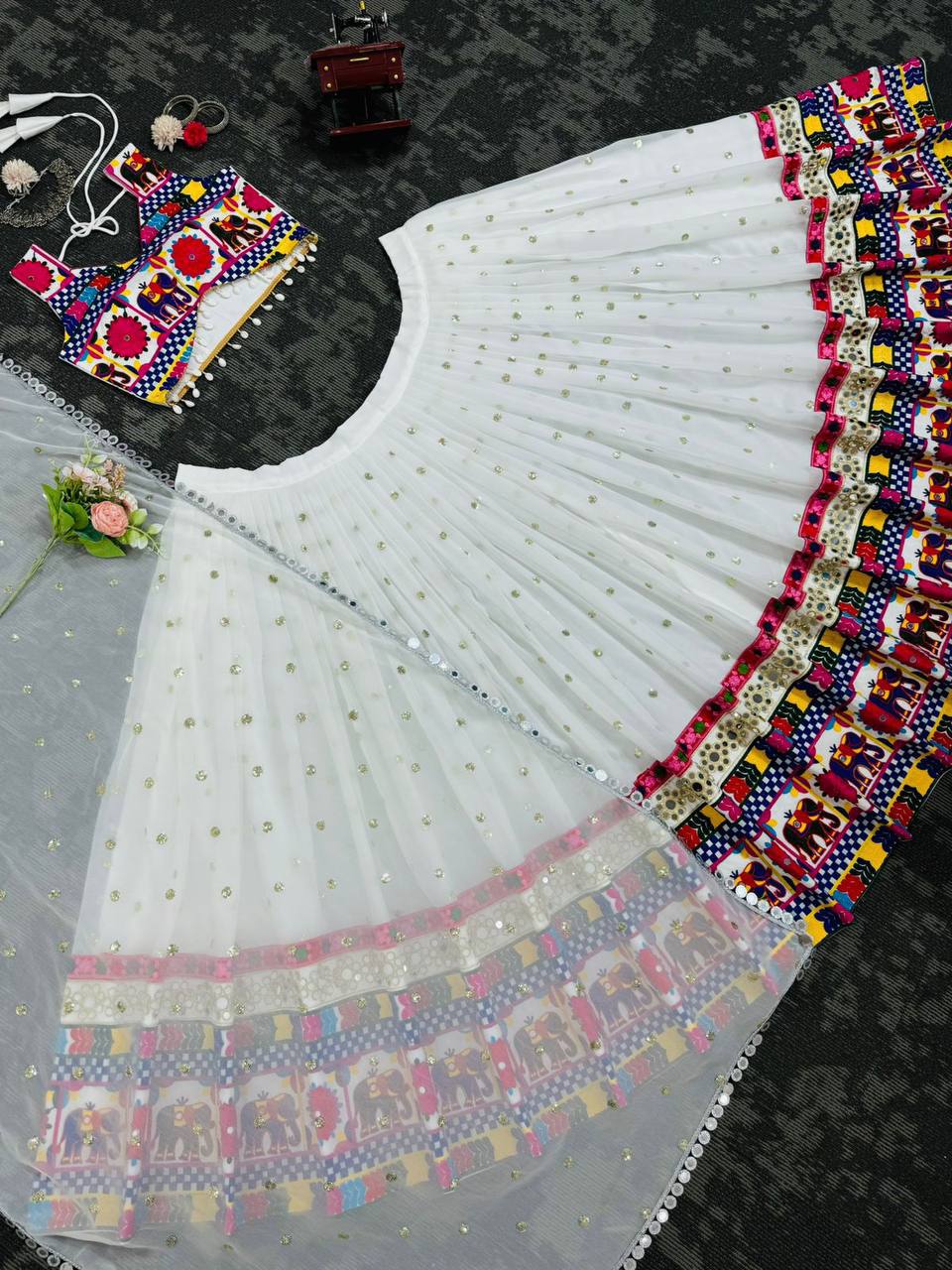 Women’s Faux Georgette Lehenga Choli with Real Mirror, Chain Stitch & Sequence Work SurMira Fashion
