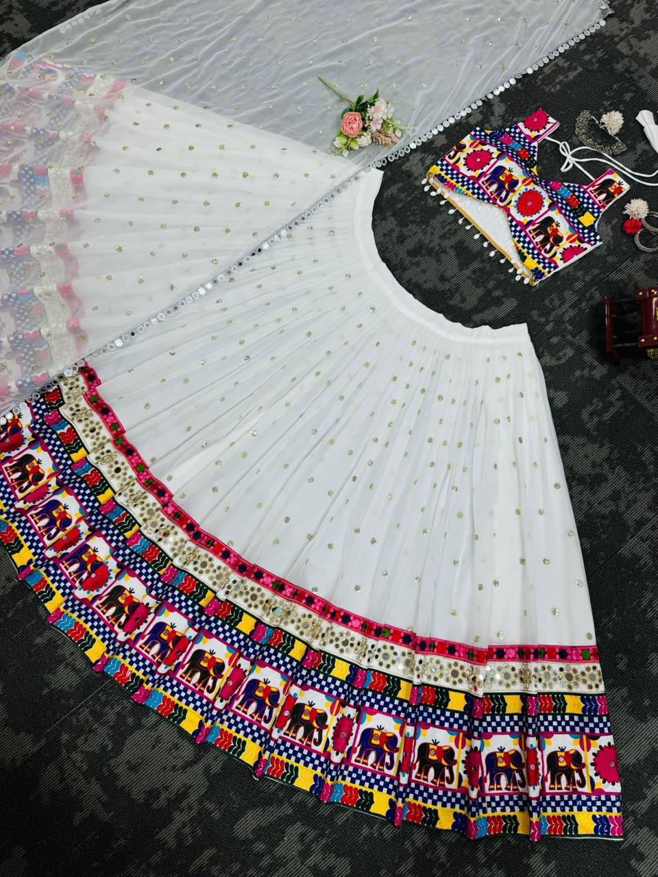Women’s Faux Georgette Lehenga Choli with Real Mirror, Chain Stitch & Sequence Work SurMira Fashion
