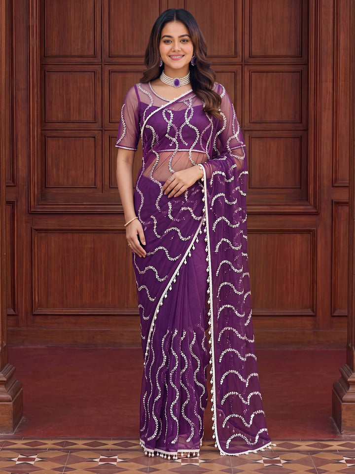 Premium Net Saree with Beads & Pearl Work SurMira Fashion