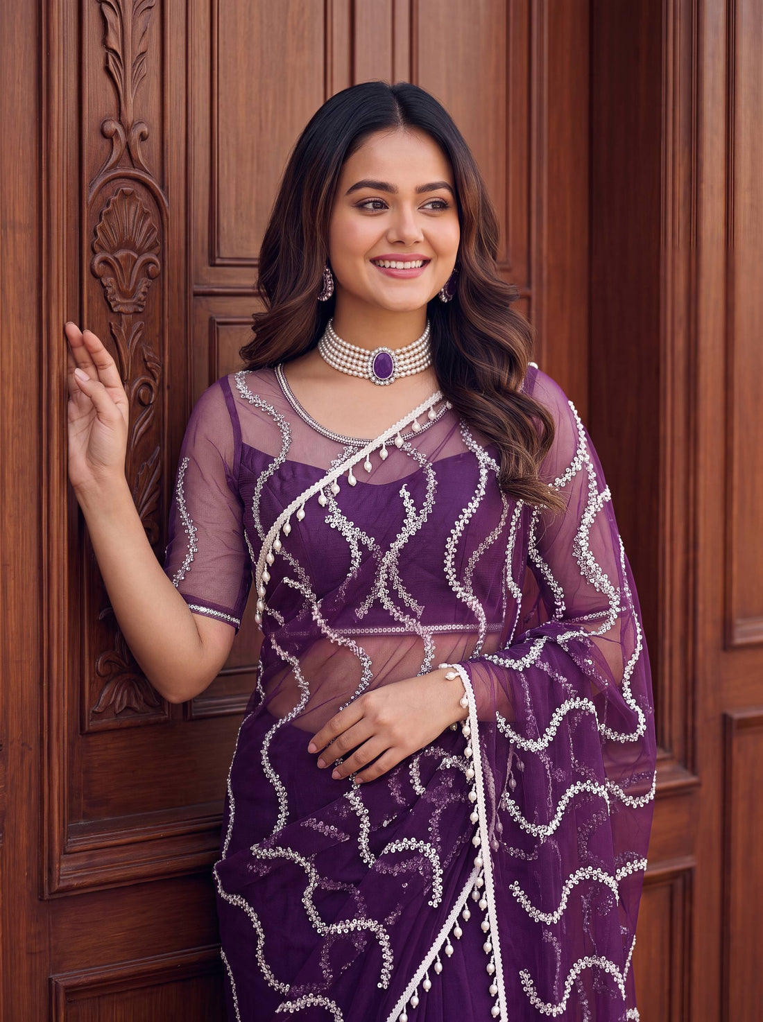 Premium Net Saree with Beads & Pearl Work SurMira Fashion