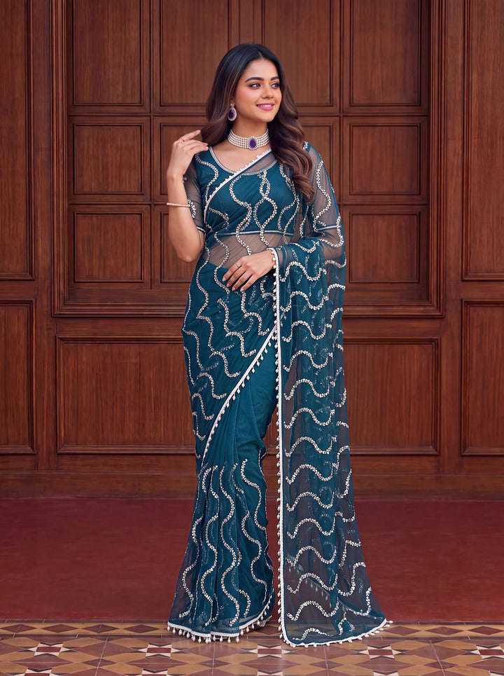 Women’s Net Saree with Beads, Sequence & Pearl Embroidery Work SurMira Fashion