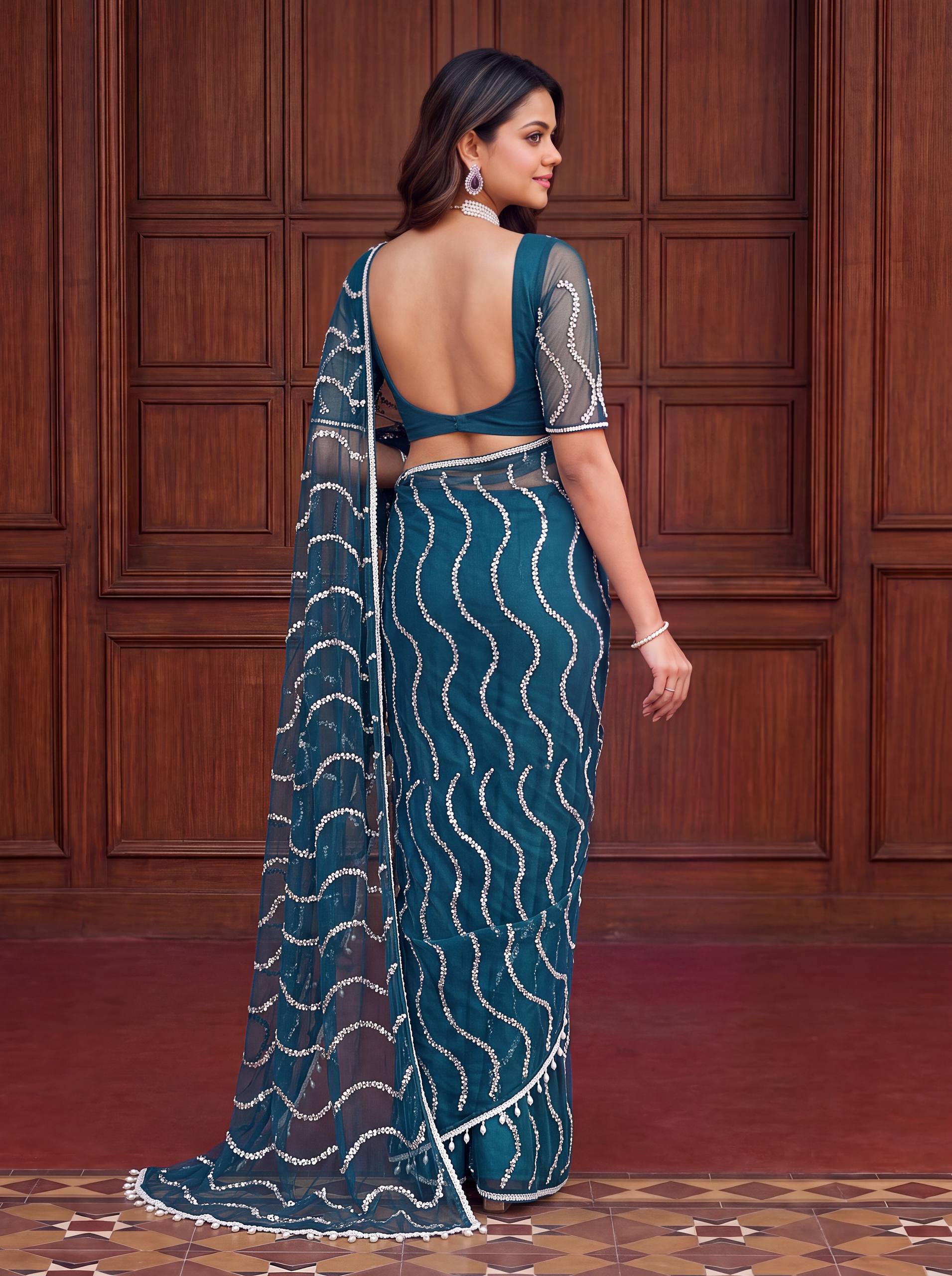 Women’s Net Saree with Beads, Sequence & Pearl Embroidery Work SurMira Fashion