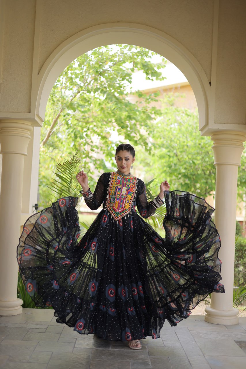 Women’s Bandhani Print Faux Georgette Gown with Kutchi Patchwork SurMira Fashion