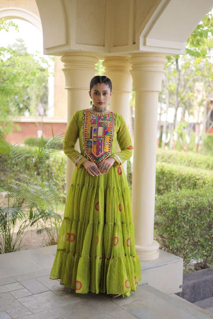 Women’s Bandhani Print Faux Georgette Gown with Kutchi Patchwork SurMira Fashion