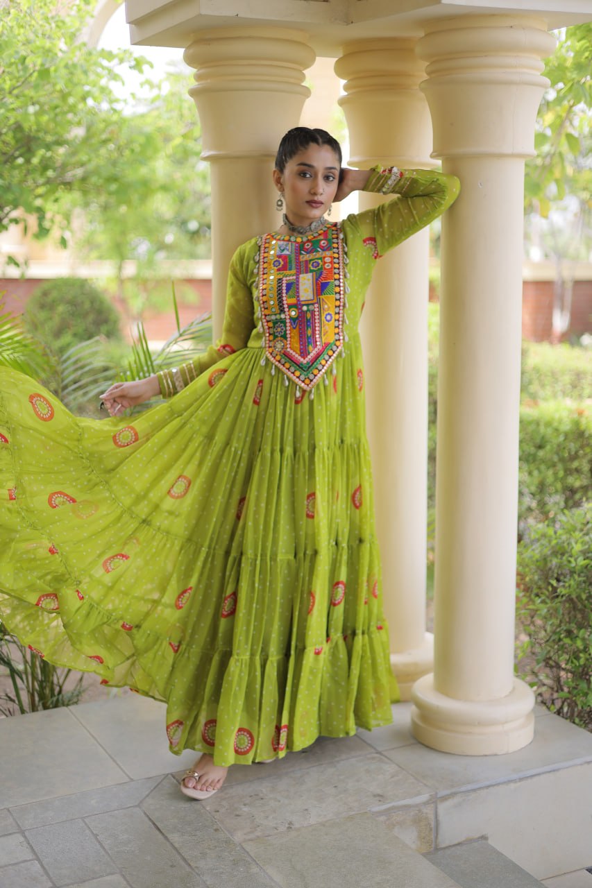 Women’s Bandhani Print Faux Georgette Gown with Kutchi Patchwork SurMira Fashion