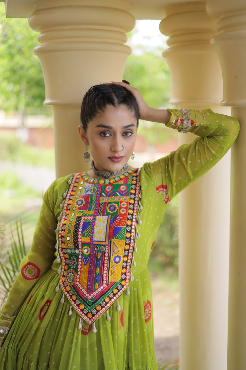 Women’s Bandhani Print Faux Georgette Gown with Kutchi Patchwork SurMira Fashion