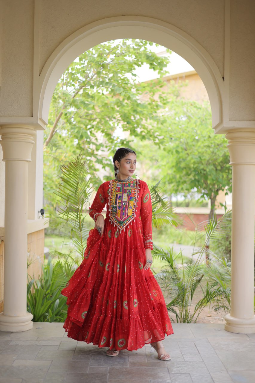 Women’s Bandhani Print Faux Georgette Gown with Kutchi Patchwork SurMira Fashion