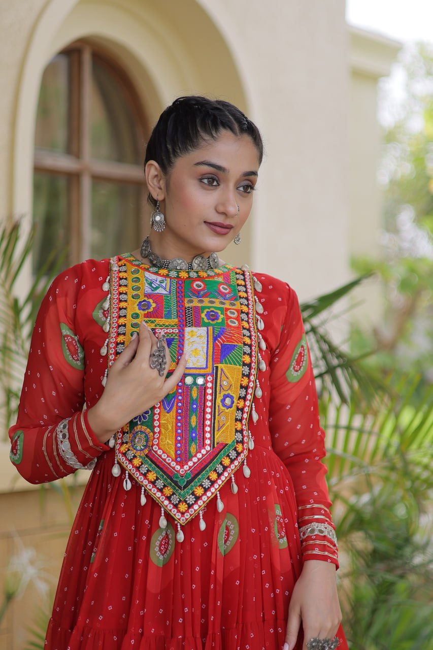 Women’s Bandhani Print Faux Georgette Gown with Kutchi Patchwork SurMira Fashion