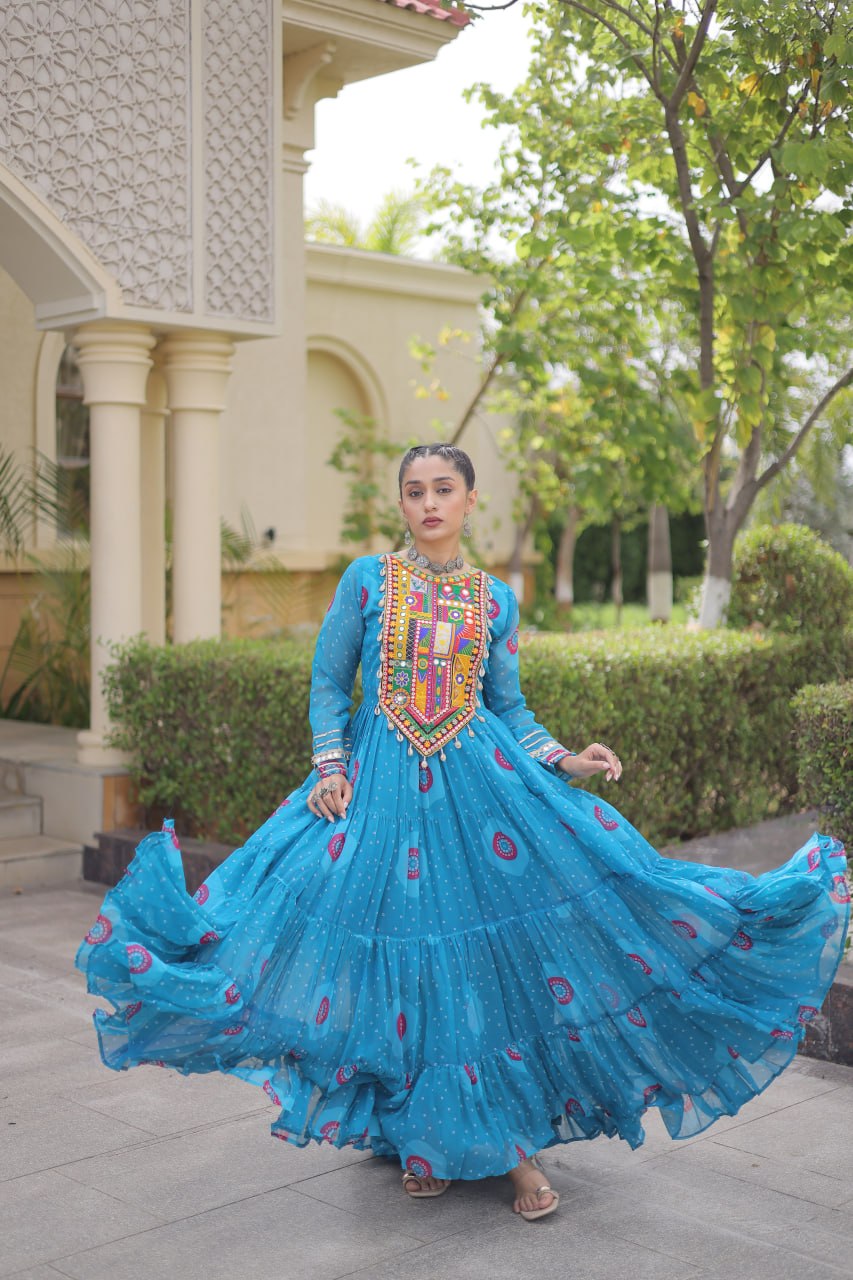 Women’s Bandhani Print Faux Georgette Gown with Kutchi Patchwork SurMira Fashion