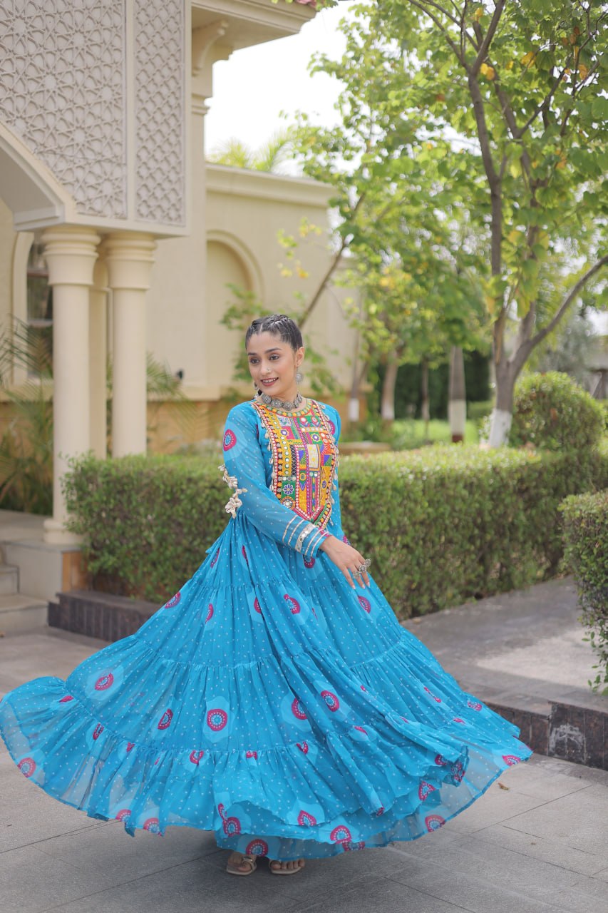 Women’s Bandhani Print Faux Georgette Gown with Kutchi Patchwork SurMira Fashion